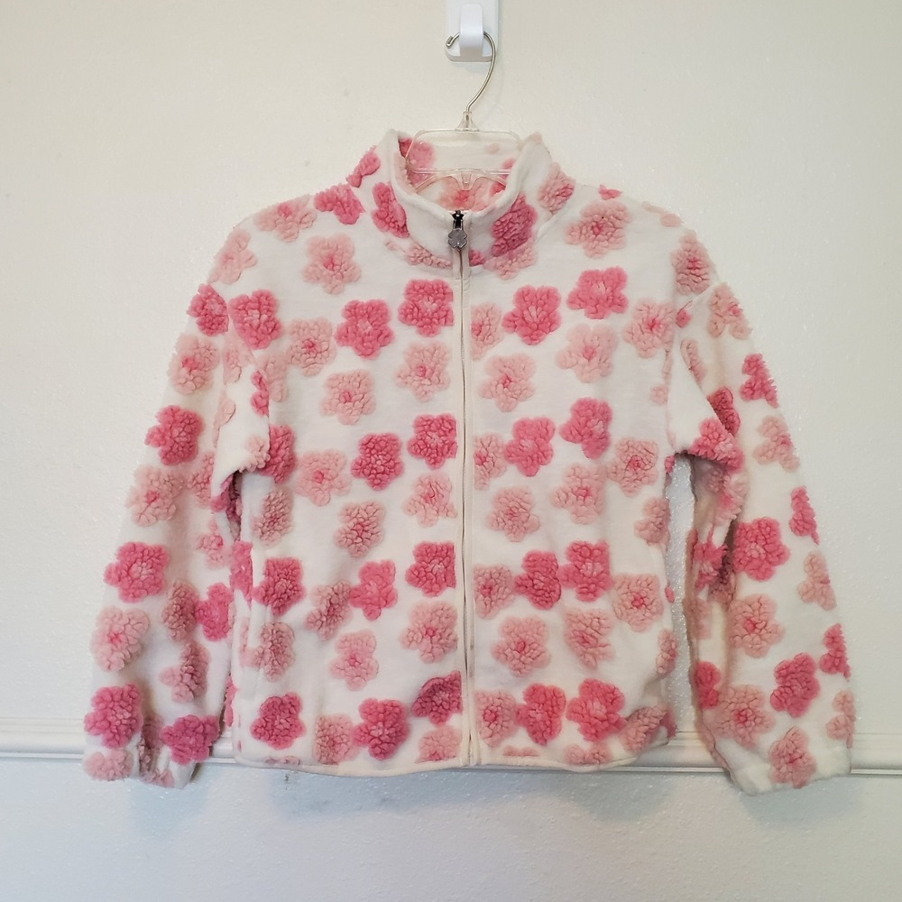 Lucky Brand Girls Pink Floral Popcorn Fleece Zip Up Jacket White Size M 10/12